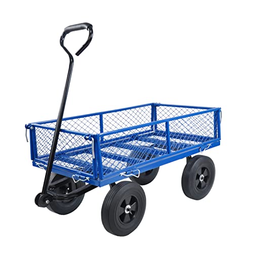 Metal Utility Wagon with 10" Solid Large Wheels 500 Lbs Capacity Heavy Duty Wheel Barrow Mesh Steel Garden Wagon Cart Dump Cart Pullable with 180° Rotating Handle Removable Sides (Blue) - color: Blue