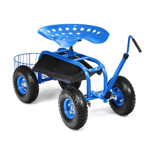 Rolling Garden Seat, Garden Stool with Wheels, Extendable Handle, Storage Basket & Tool Tray, Garden Scooter with 360 Degree Swivel Seat for Outdoor, Garden & Yard (Blue) - color: Blue