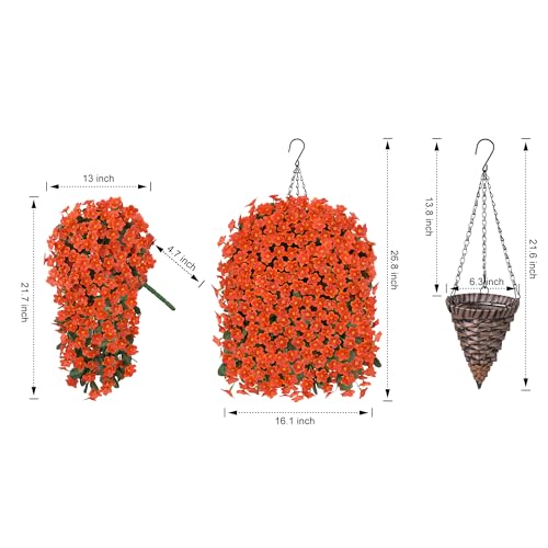 HyeFlora Artificial Fake Fall Hanging Flowers Plants Baskets for Outdoor Outside, Autumn Faux Silk Orange Daisy Mums in Planter UV Resistant for Home Outside Porch Garden Yard Patio Decor - color: Orange Daisy