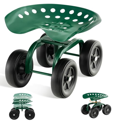 ERGOMASTER Garden Seat with Wheels, Adjustable Height & 360° Swivel, Iron Frame, Green - color: Green
