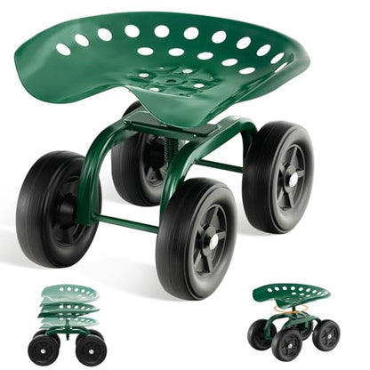 ERGOMASTER Garden Seat with Wheels, Adjustable Height & 360° Swivel, Iron Frame, Green - color: Green