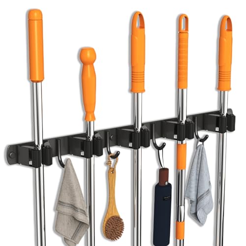2 Pack Mop and Broom Holder Wall Mount for Kitchen Garden Garage Laundry - color: Black, size: 2 Pack 5 Racks with 4 Hooks
