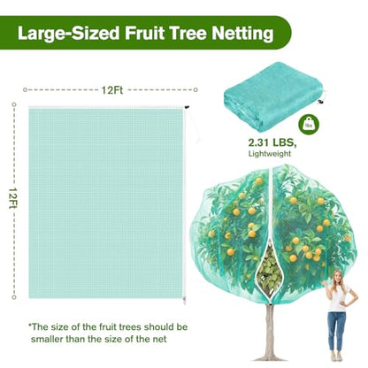 KEOHOLI 12FTx12FT Green Large Fruit Tree Netting Reusable Durable Mesh Cover with Zipper and Drawstring for Fruit Tree Protection Cover from Birds Cicadas Squirrels and Insects - size: 12*12ft (1Pack, Green)