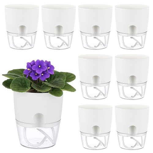 Planterhoma 8 Pack Self Watering Pots for Indoor Plants, 4 Inch Plant Pot Plastic Self Watering Planter for Orchid, African Violet, Small Clear Flower Pots with Drainage Holes and Wicking Rope, White - color: White, size: 4 In - 8 Packs