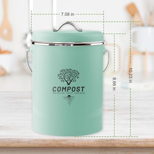 Kitchen Countertop Compost Bin, Odor Resistant Indoor Compost Bin with Lid and Charcoal Filter, Rust Resistant Coated Compost Bucket, Compost Container, Mint - color: Mint, size: Medium