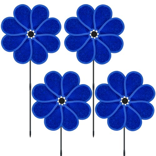 4PCS 11.4" W x 28" H Reflective Pinwheels Sparkly Lawn Wind Spinners Colorful Rainbow Windmill for Garden Decoration Bird Devices Deterrent to Scare Birds Away（Blue） - color: Blue