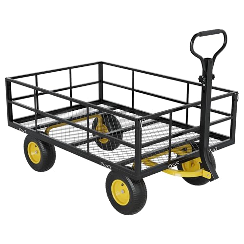 3-in-1 Heavy-Duty Steel Garden Cart, 1200 Lbs Garden Wagon, with 13 Inch All-Terrain Tires and Removable Mesh Side Panels, 180° Rotating Handle, Metal Utility Yard Trailer, Outdoor Gardens Wagon Cart - color: Black + Yellow, size: 1200 Lb