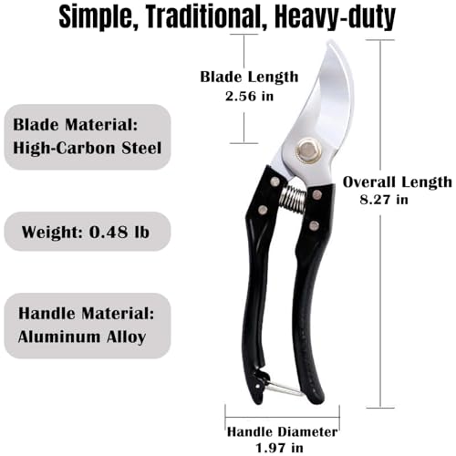 Garden Pruning Shears, Heavy Duty Stainless Steel Gardening Scissors for Plants, Sharp Handhled Trimmers, Bypass Blade Pruner for Branch, Hedge, Shrub, Flowers or Bonsai, Gardening Tool (Black)