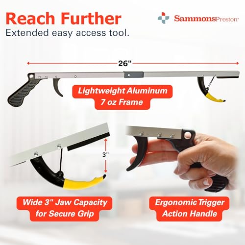 Sammons Preston Reacher, 26" Lightweight Grabber Reacher Tool with Magnetic Tip, Ergonomic Grip & Claw Jaw, Portable Reaching Aid for Seniors, Daily Living & Home Use, Standard Silver, Folding, 3 pack - color: 26" Folding, size: 3 Pack