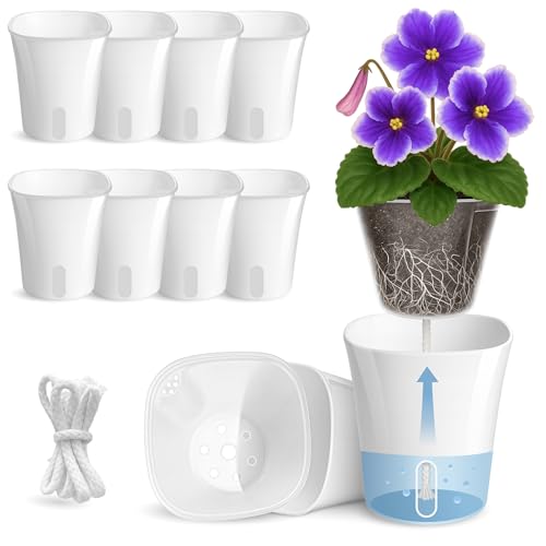 10 Pack 3" Self Watering Pots for Indoor Plants, Clear Inner Cup, Small White Plastic Planters, Water Level Indicator, Drainage Holes, Extra 3ft Wick, Cuttings,Seedlings,Herb,African Violet - color: Arctic White, size: 3" (10 Pack)