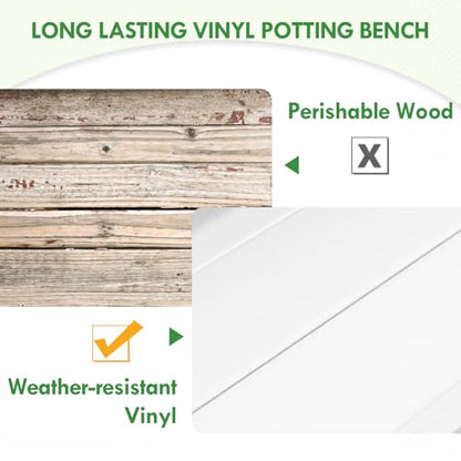 EAGLE PEAK Potting Bench, Weatherproof Vinyl Potting Table for Outdoor & Indoor Use, Easy Clean Garden Workstation with Storage Shelves, White, 40"