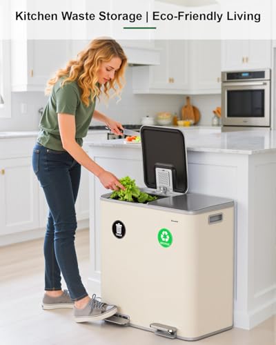 Lovewind 2×11.5 Gallon Dual Trash Can, Stainless Steel Dual Garbage and Recycling Can with Foot Pedal, 90° Stay-Open Lid, Large Dual Compartment Trash Recycling Bins Kitchen, Apricot - color: Apricot, size: 23 Gallon