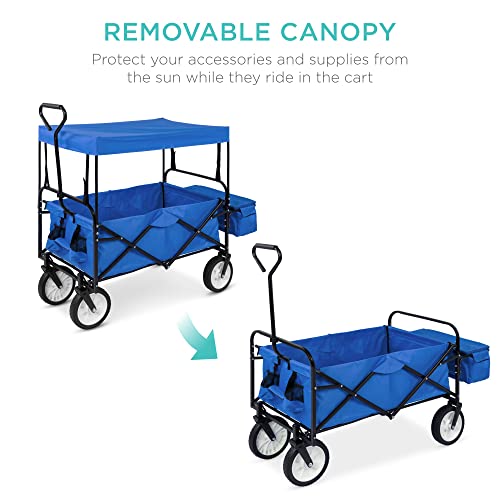 Best Choice Products Collapsible Folding Outdoor Utility Wagon with Canopy Garden Cart for Beach, Picnic, Camping, Tailgates w/Removable Canopy, Detachable Pockets, 150lb Weight Capacity - Blue - color: Blue
