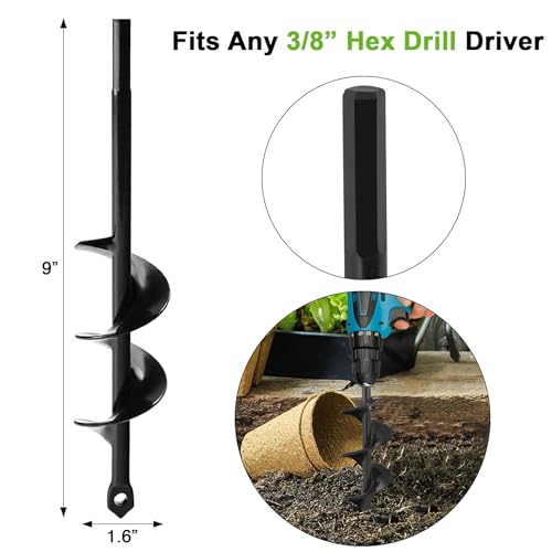 2 Pack Garden Auger Spiral Drill Bit Set - 3 x 12 Inch & 1.6 x 9 Inch with Garden Gloves, Planting Bulb, Bedding Plants, Digging Weeds Roots, Post Umbrella Hole Digger for 3/8" Hex Drive Drill - size: 1.6" x 9"-Black + 3" x 12"-Black with Gloves