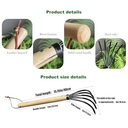 Garden Rake, 15 Inch Steel Tine Rake with Solid Wood Handle