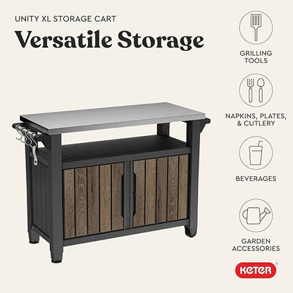 Keter Unity XL Outdoor Entertainment Cart with Wood‑Look Finish, 78‑Gallon Patio Storage Cabinet, Food Prep Station, Stainless‑Steel Top for BBQ, Grill, Patio, Deck & Backyard, Walnut - color: Walnut