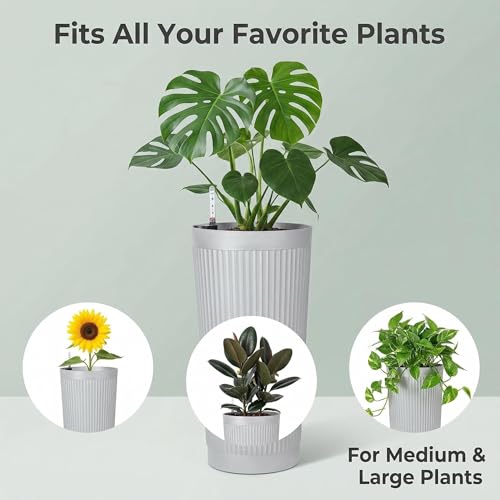 TUYOHW 24 Inch Tall Round Plastic Planter with Self Watering System, Large Indoor Outdoor Planter for Home, Patio, Garden - color: White-round