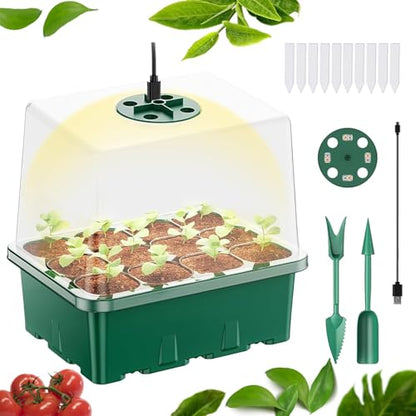 Seed Starter Tray with Light, 1PCS Seed Starter Kit with Grow Light, Seedling Starter Trays with Humidity Domes, Covers Height 3.9", Indoor Gardening Plant Germination Trays (12 Cells per Tray)