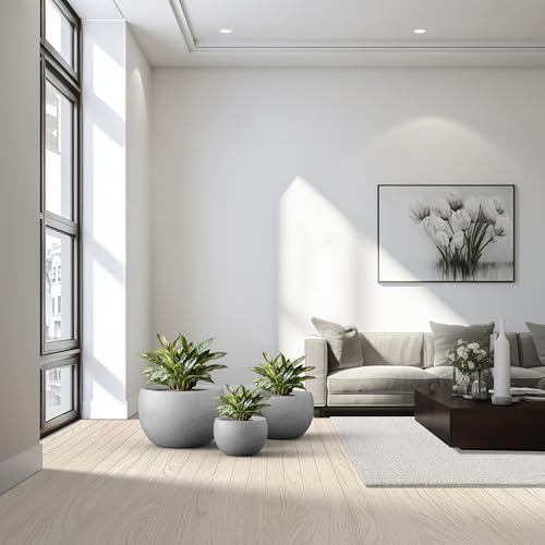 Kante Set of 3 Pale Gray Concrete Bowl Planters 20" 15.7" 11.8" Dia - color: Natural Concrete, size: 19.9"D + 15.7"D + 11.8"D