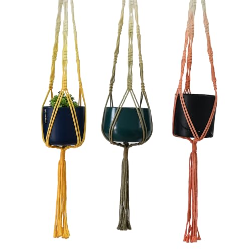 Macrame Plant Hangers Set, Turquoise, Handwoven Cotton Rope, Indoor Hanging Planters, Boho Decor, (3, Orange+Khaki+Yellow, 33") - color: Yellow+khaki+orange