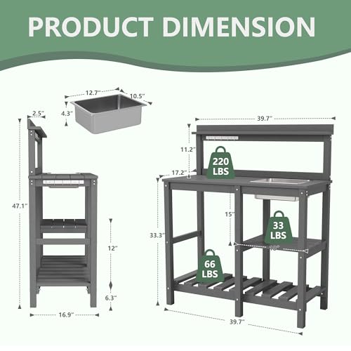 FOOWIN Potting Bench, HDPE Outdoor Potting Table with Sink, All-Weather Potting Benches for Outside, Gardening Table with Storage Shelf, Hook, for Garden, Patio, Lawns, Grey