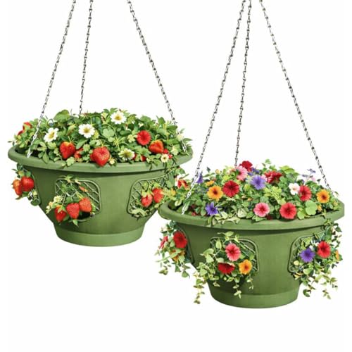 Ultimate Hanging Basket Strawberry & Flower Planter – 6 Side Planting Spaces, Drainage Hole, 1” Water Reservoir, Zinc-Plated Chain Included, Made in The USA (Sagebrush Green)