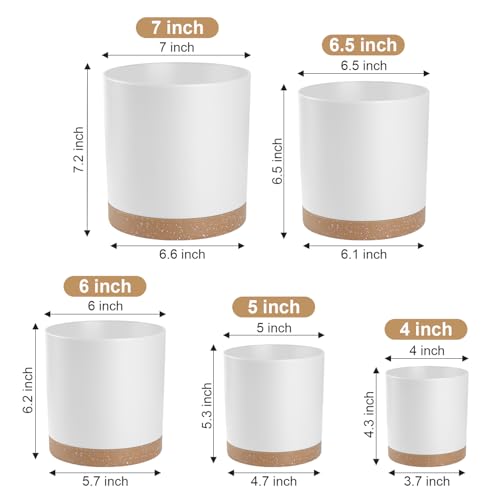 YNNICO Plant Pots with Drainage Holes and Saucers – 7, 6.5, 6, 5, 4 Inch Plastic Planters for Indoor Outdoor Plants, Modern Matte Finish, Lightweight & Durable（White - color: White