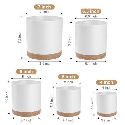 YNNICO Plant Pots with Drainage Holes and Saucers – 7, 6.5, 6, 5, 4 Inch Plastic Planters for Indoor Outdoor Plants, Modern Matte Finish, Lightweight & Durable（White - color: White