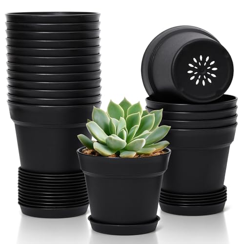T4U Small Plant Pots 4 Inch 18 Pack, Plastic Flower Pots with Saucer Black - color: Black, size: 4 In