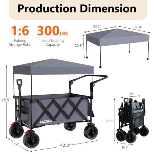 3 in 1 Collapsible Wagon with 300lbs Weight Capacity,150L Heavy Duty Utility Cart with Removable Canopy,with Big All-Terrain Beach Wheels & Drink Holders,Gray - color: Gray