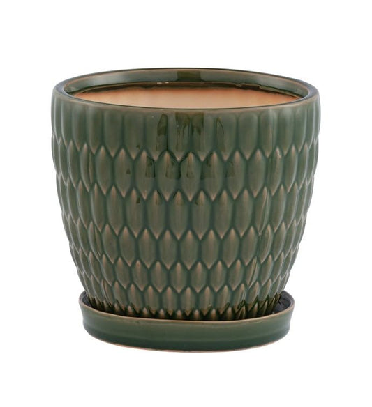 Napco Modern House Plant Succulent Herb Flower Pot with Drainage and Saucer Large 7.25 x 7.25 Inch Ceramic Glossy Green Embossed Oval Pattern – Contemporary Accent for Stylish Home or Office Décor - size: Large