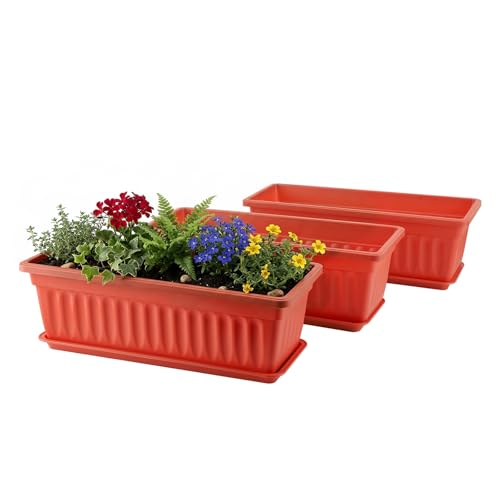 GREANER Long Planters for Outdoor Plants, 3 Pack 16.9x7.48 Inch Flower Windowsill Plastic Countryside Vegetable Box Pot with Tray for Plant Growing DIY in Garden, Balcony, Houses - Red - color: Red, size: 3pcs/16.9x7.48in