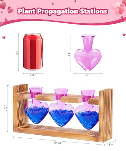 Nacome Plant Terrarium with Wooden Stand, 3 Heart Bulb Glass Vases - color: Purple