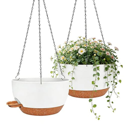 2 Pack 12 Inch Self‑Watering Hanging Planters Plant Pots, White‑Brown - color: White Brown