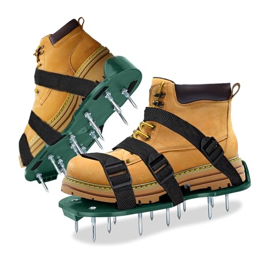 The Lawn Aerator Shoes for Grass, Epoxy Spiked Shoes with 1.65'' Sharp Short Spikes, Garden Grass Loosening Spike Shoes for Epoxy Flooring, 6 - Shoelace Design (Green, 11.8'' x 5.1'') - color: Green