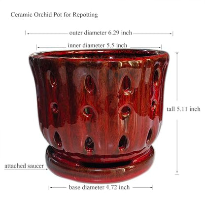Ceramic Orchid Pot with Drainage Hole 6'' Orchid Planter (Red) - color: Red