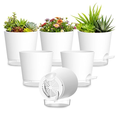 Plant Pots 4 Inch Self Watering Pots,6 Pack Plastic Planters with Drainage Holes and Clear Saucers,Plastic Flower Pots,Nursery Planting Pot for Indoor Out Door Plants (White) - color: White, size: 4 inch