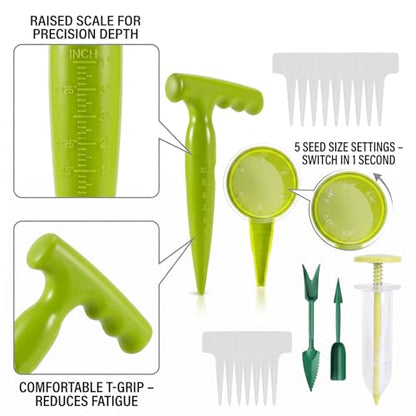 15Pcs Seed Planter Tool Set with 5-Hole Seed Dispenser, 6.9" Garden Dibber, Succulent Transplanting Tools & 10 Plant Labels for Sowing Seeds, Flowers & Vegetables