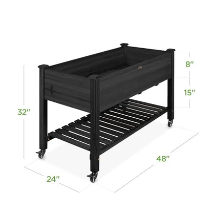 Best Choice Products Raised Garden Bed 48x24x32-inch Mobile Elevated Wood Planter w/Lockable Wheels, Storage Shelf, Protective Liner - Black - color: Black