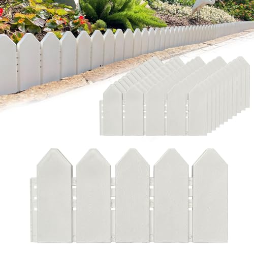 Landscape Edging Kit 6.7 in Tall Decorative Double-Sided Wood-Look Fence Garden Border, Flower Bed Edging with 30 Anchoring Spikes, 13.9 Foot Kit (White) - color: White, 13.9ft