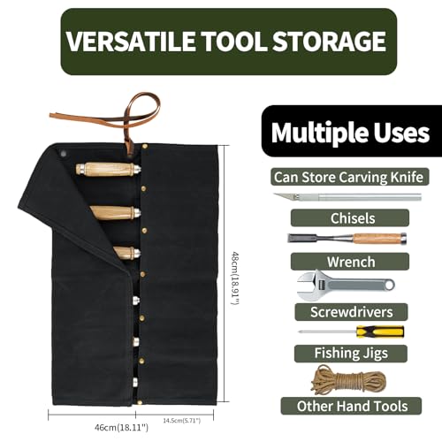 Chisel Roll, 6 Pockets Roll Up Tool Pouch, Waxed Canvas Small Tool Roll - color: Black