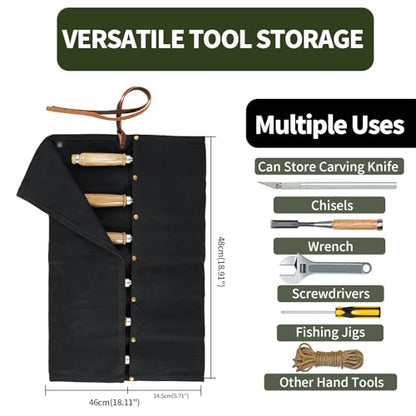 Chisel Roll, 6 Pockets Roll Up Tool Pouch, Waxed Canvas Small Tool Roll - color: Black