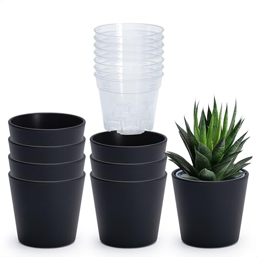 Phoenix Vine 4.5 Inch Black Plastic Cachepot with Clear Nursery Pot, Decorative Lightweight Planter Cover with Transparent Inner Pot for Indoor Houseplants, Pack of 8, 24-B-E-8 - color: Matte Black, size: 4.5" (8 Pack)