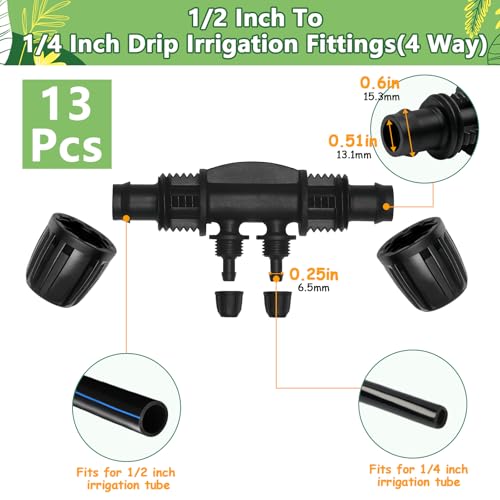 13 pack 1/2 Inch To 1/4 Inch Drip Irrigation Fittings, 1/2" (1/2" ID x 0.65" OD) to 1/4" Drip Line Reducing Tee 1/2" x 1/4" 4 Way Splitter Connectors for Garden Irrigation System - size: 1/2" x 1/4" 4 Way Splitter