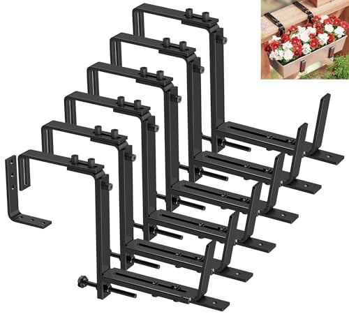 Y&M 6 Pcs Deck Railing Adjustable Planter Box Brackets (6 to 12.5 in), Universal Heavy Duty Iron Flower Box Brackets Wall Mounting Hooks for Fences, Patio, and Garden - Black (Patent Registered) - size: 6 Pcs - Black