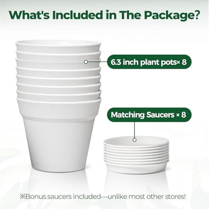 T4U Plant Pots Indoor 6 Inch 8 Pack, Plastic Flower Pots with Saucer White - color: White, size: 6 inch
