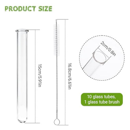 10 Pcs Glass Test Tubes for Plants, 18ml Clear Propagation Tubes with Brush, Round Bottom Testing Tube for Hydroponic Plants, Flowers, Home Office Wall Decor