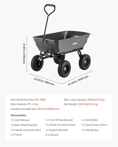 VEVOR 4 Cu.Ft 600LBS Poly Garden Cart Dump Wagon, 4 Wheel Heavy Duty Wheelbarrow with 10" Flat Free Tires, Yard Cart Dump Wagon with Quick-Release System - color: Darkgrey