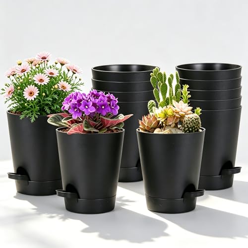 12 Pack 4 Inch African Violet Pots Self Watering, Self-Watering Planters with Drainage Holes & Reservoir, Black Plastic Pots for Indoor Outdoor Plants, Succulents & Flowers - color: Black, size: 4 inch 12pcs