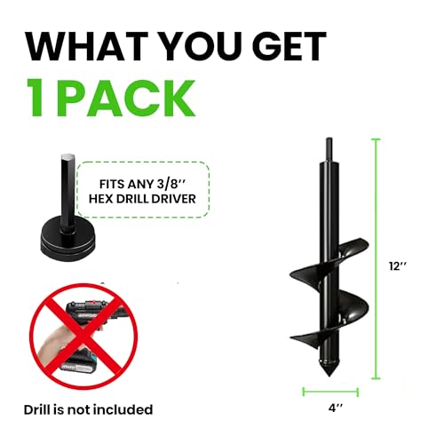 K-Brands Auger Drill Bit for Planting – 4 x 12 Inch – 3/8'' Hex Drive Drill - size: 4 x 12 Inch